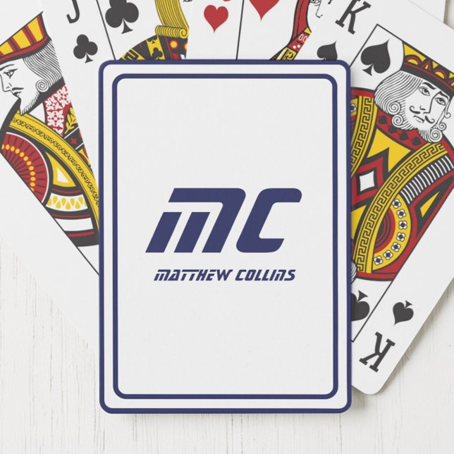 Monogram Blå Minimalistiskt Namn Modern Text Herre Casinokort (Monogram Blue Minimalist Name Modern Text Men's Poker Cards)