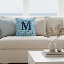 Monogram Blå Nautilus Segelbåt och Ankar Kudde