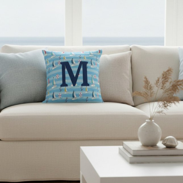 Monogram Blå Nautilus Segelbåt och Ankar Kudde (Skapare uppladdad)