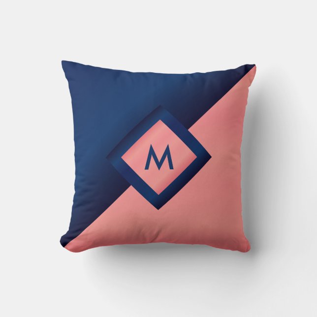Monogram - blå och korall kudde (Framsida)