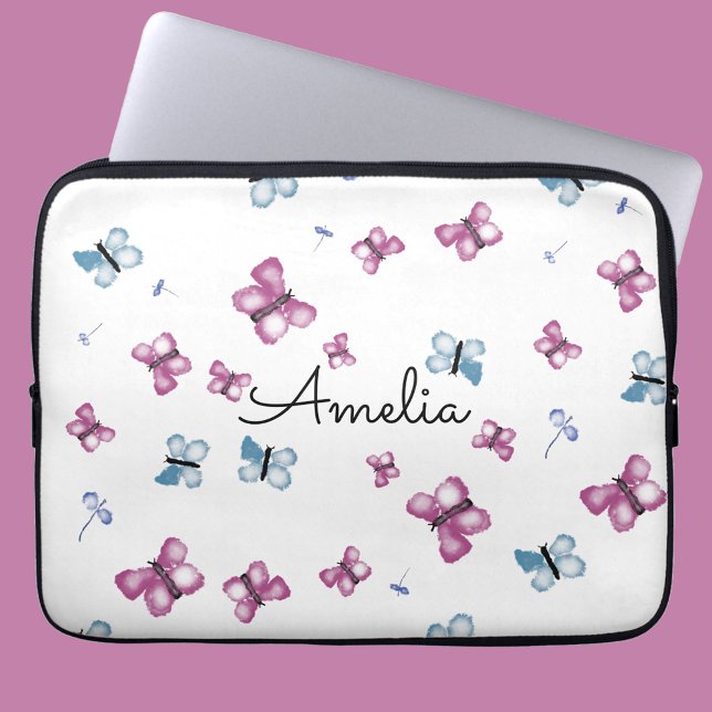 Monogram Blå och Rosa Fjäril Laptop Fodral (Skapare uppladdad)