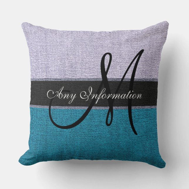 Monogram Blå och Silver Jute Rustik Elegant Kudde (Framsida)