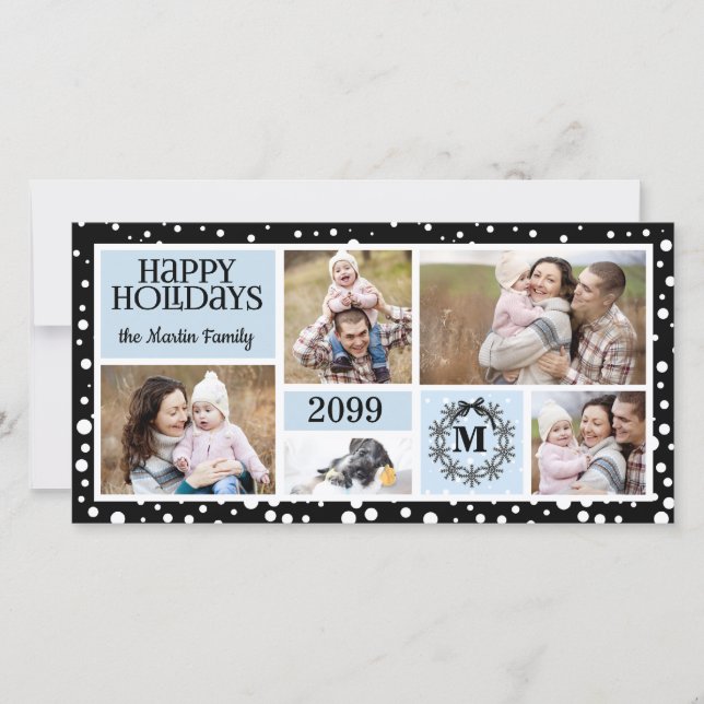 Monogram blå och svart snöflinga julkort (Framsida)