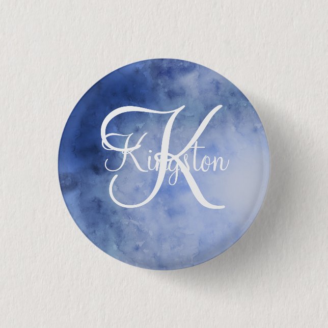 Monogram blå och vit akvarell knapp (Framsida)