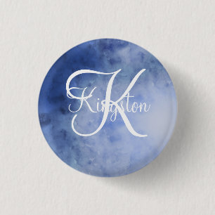 Monogram blå och vit akvarell knapp