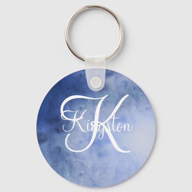 Monogram blå och vit akvarell nyckelring (Framsida)