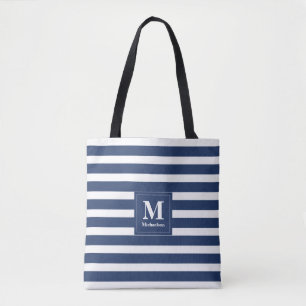 Monogram blå och vit randig tygkasse
