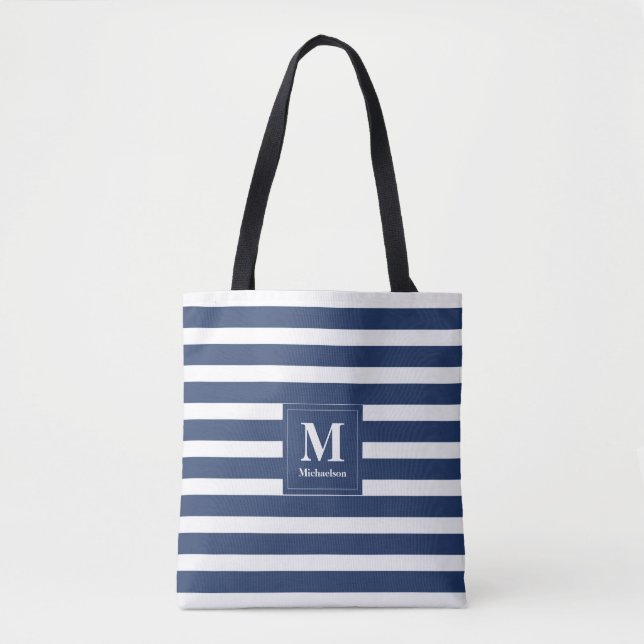 Monogram blå och vit randig tygkasse (Framsida)