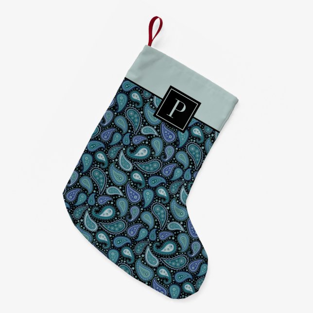 Monogram Blå Paisley Retro Mönster Liten Julstrumpa (Framsidan (Hängande))