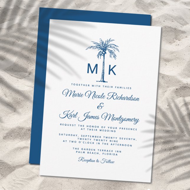 Monogram Blå Palmträd Formell Strandbröllop Inbjudningar (Elegant Monogram Palm Tree Formal Beach Wedding Invitation)