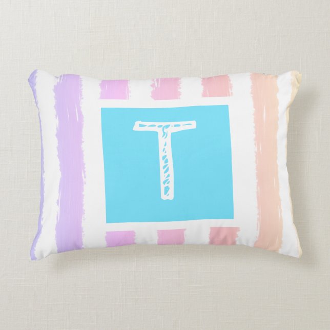 Monogram Blå Rosa Vattenfärg Ränder  Prydnadskudde (Framsidan)
