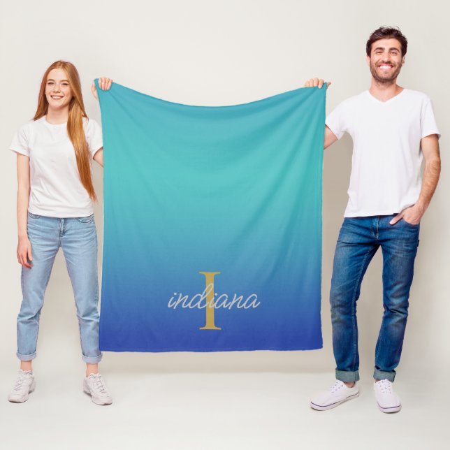 Monogram Blå Turkos Modernt Skriptnamn Fleecefilt (På plats)
