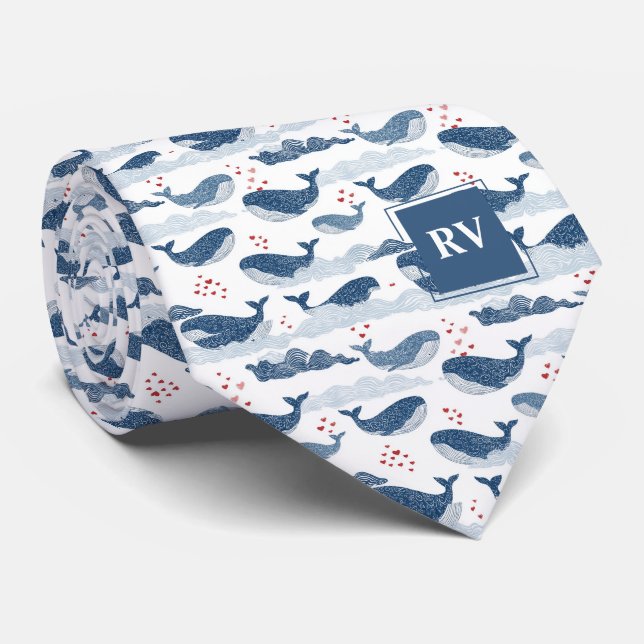 Monogram blå valar & hjärtan i vågor slips (Rullad)