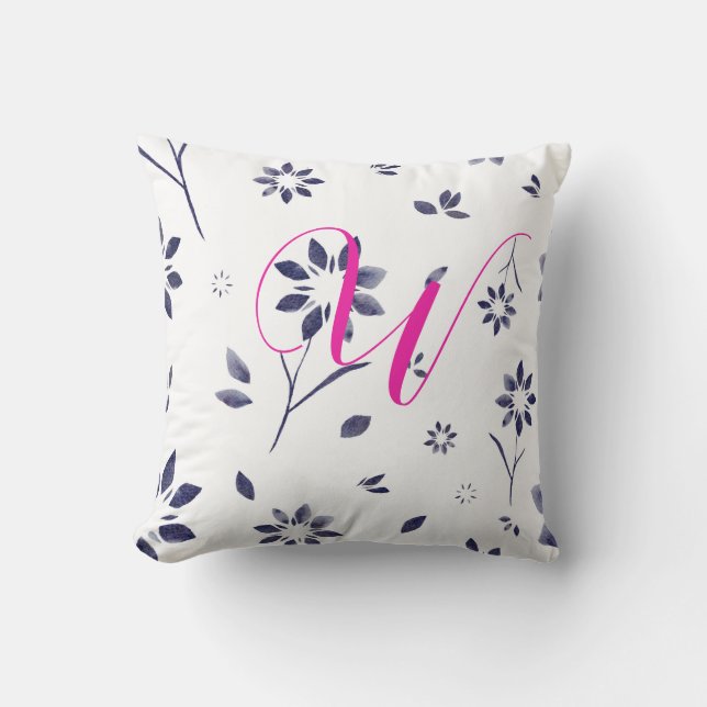 Monogram blå vattenfärgsblomma Mönster Kudde (Framsida)