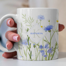 Monogram Blå Vild Blomma Personlig Kaffemugg