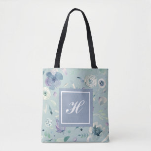Monogram Blå Violett Akvarell Blommig Mönster Tygkasse