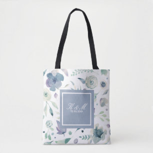 Monogram Blå Violett Akvarell Blommig Mönster Tygkasse
