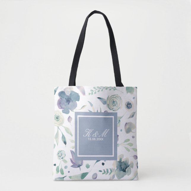 Monogram Blå Violett Akvarell Blommig Mönster Tygkasse (Framsida)