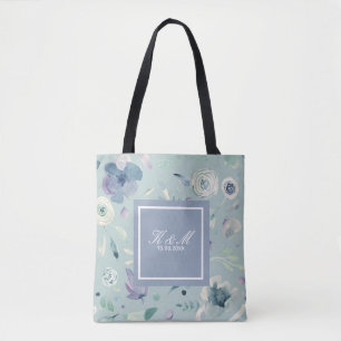 Monogram Blå Violett Akvarell Blommig Mönster Tygkasse