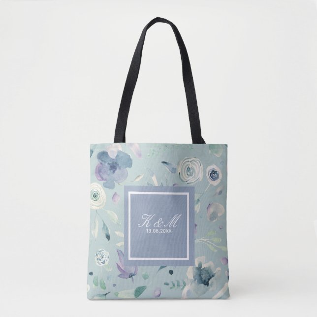 Monogram Blå Violett Akvarell Blommig Mönster Tygkasse (Framsida)