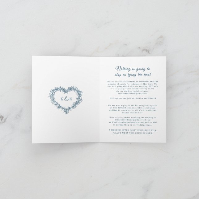 Monogram blå vit misteltoe bröllop livesändning meddelande (Inuti)