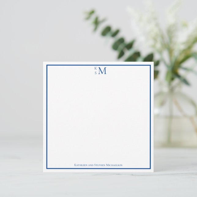 Monogram Blå Vit Par Bröllop Elegant Anteckningskort (Stående Fram)