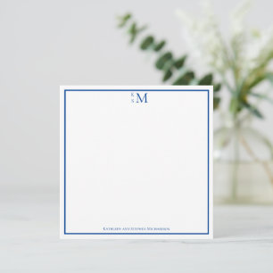 Monogram Blå Vit Par Bröllop Elegant Anteckningskort