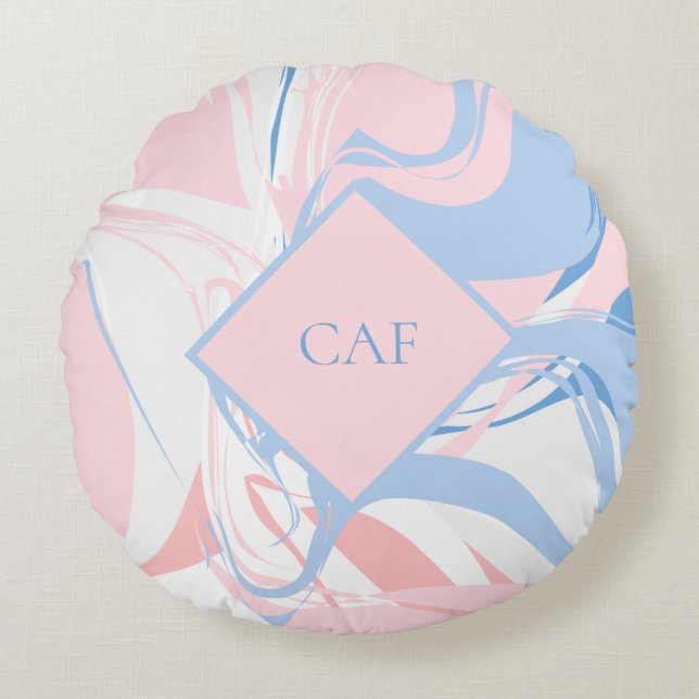 Monogram Blå Vit Rosa Marmor Virvel Rund Kudde (Framsidan)