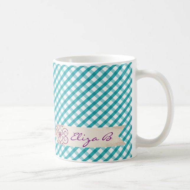 Monogram blå vit rutig mönster mugg (Höger)