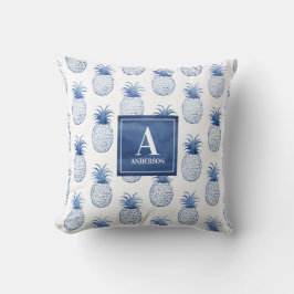 Monogram Blå vit tropisk ananas utomhus Kudde