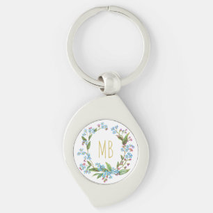 Monogram Blåa blommor, vätska utan andedräkt Swirl Silverfärgad Nyckelring