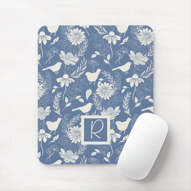 Monogram blåa och krämfärgade fåglar och blommor musmatta (Med mus)