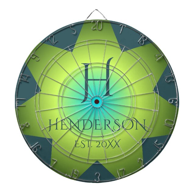 Monogram blåblått cyantealstjärna med färgad grönt darttavla (Framsidan)