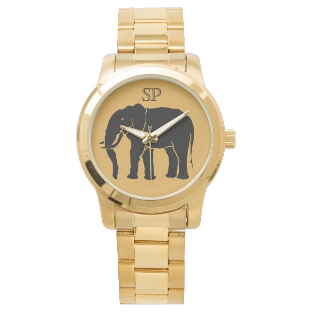 Monogram Black African Elephant på Guld-bakgrunden Armbandsur (Framsida)