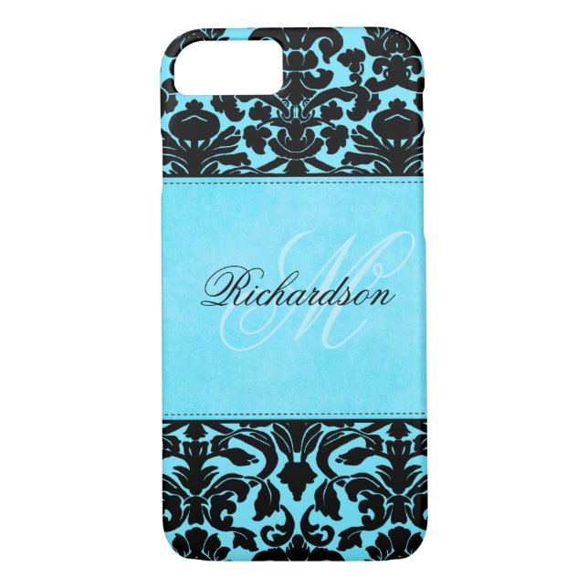 Monogram Black and Blue Damask iPhone 7 Fodral Case-Mate iPhone Skal (Baksida)