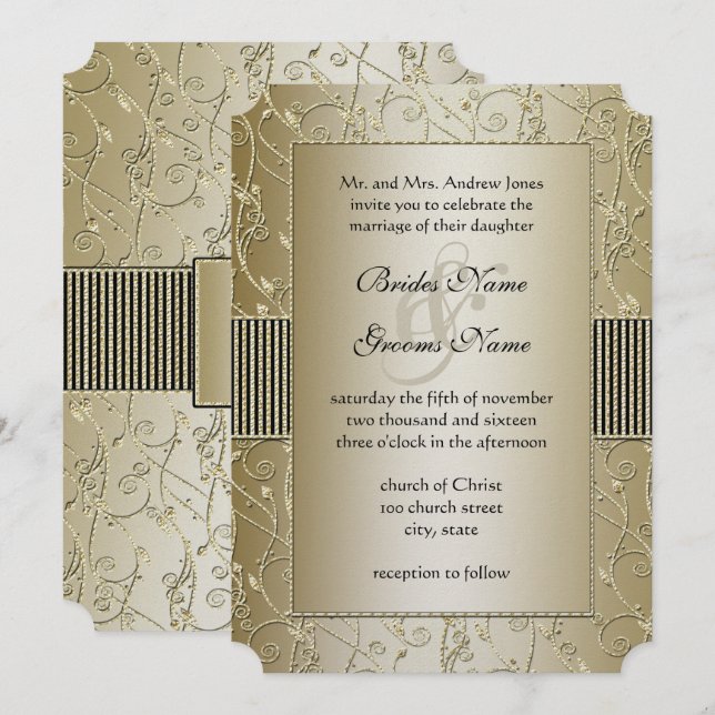 Monogram Black and Gold Swirl Wedding Inbjudningar (Fram/baksida)