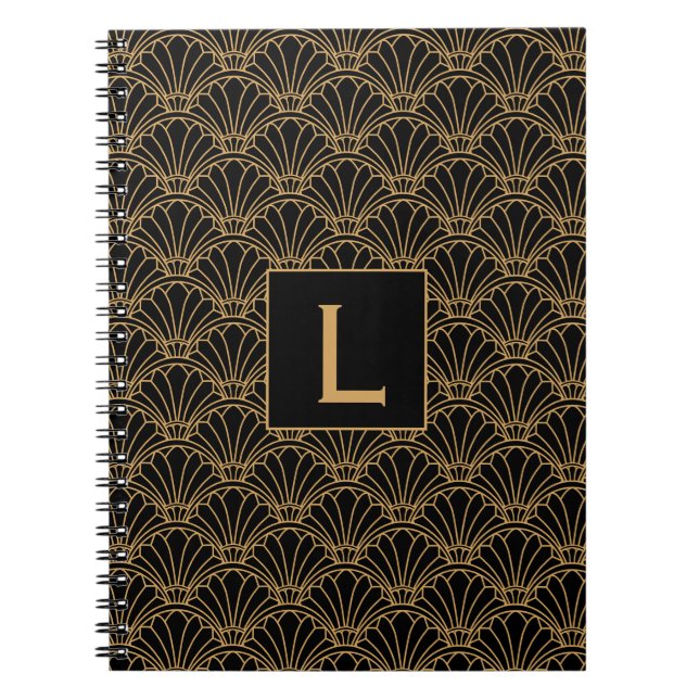 Monogram Black and Guld Art Deco Fläkt Flowers Mot Anteckningsbok (Framsidan)