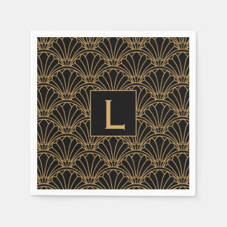 Monogram Black and Guld Art Deco Fläkt Flowers Mot Pappersservett