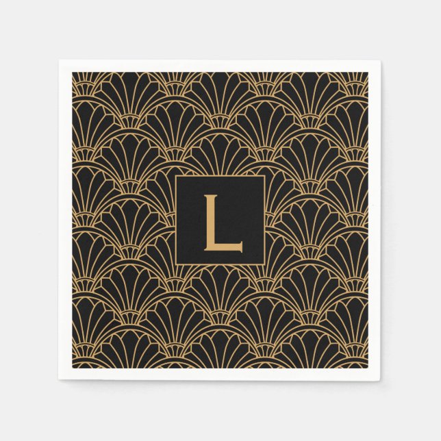 Monogram Black and Guld Art Deco Fläkt Flowers Mot Pappersservett (Framsidan)