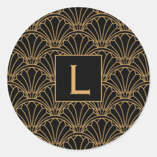 Monogram Black and Guld Art Deco Fläkt Flowers Mot Runt Klistermärke
