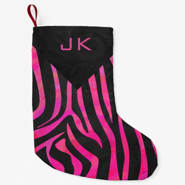 Monogram Black and Shock rosa Zebra Design Liten Julstrumpa (Framsidan)