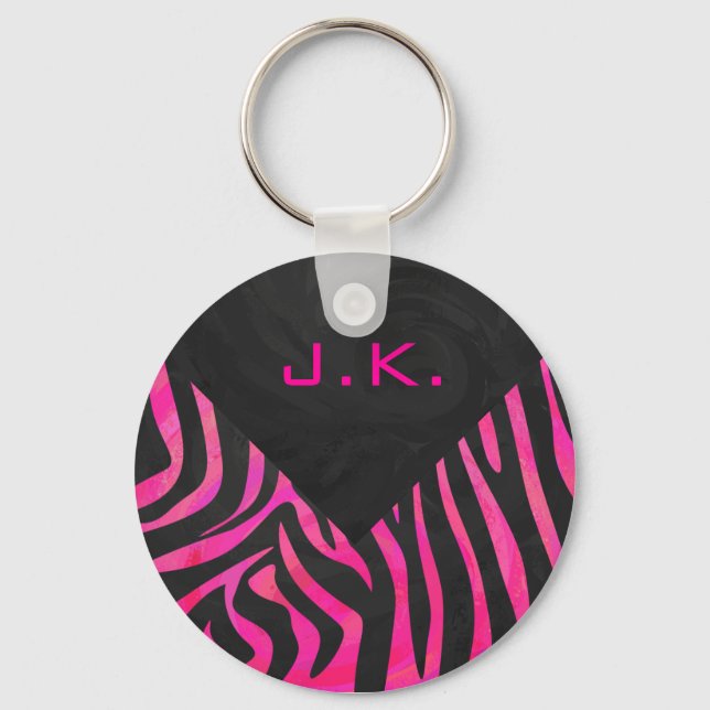 Monogram Black and Shock rosa Zebra Design Nyckelring (Framsida)