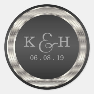 Monogram Black and Silver Metallic Round Labels Runt Klistermärke
