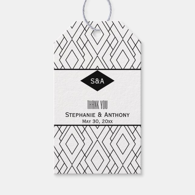 Monogram Black and White Art Deco-Tack Presentetikett (Framsidan)