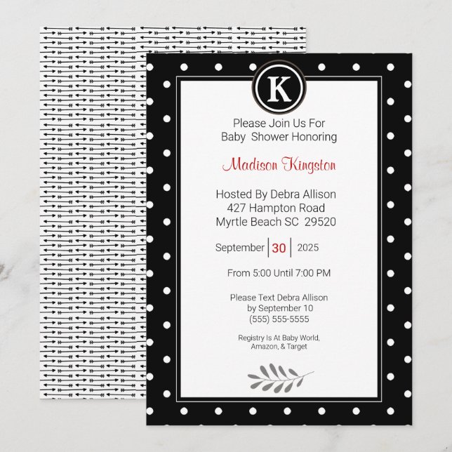 Monogram Black and White Baby Shower Inbjudningar (Fram/baksida)