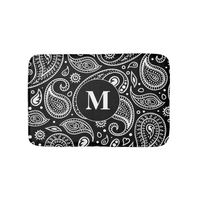 Monogram Black and White Blommigt Paisley Mönster Badrumsmatta (Framsidan)