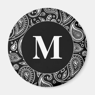 Monogram Black and White Blommigt Paisley Mönster Magnet