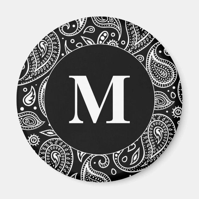 Monogram Black and White Blommigt Paisley Mönster Magnet (Framsidan)
