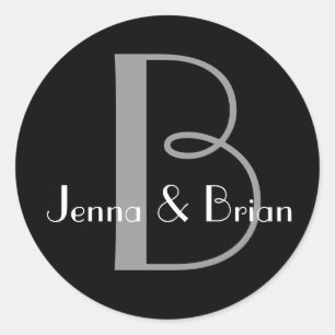 Monogram Black and White Bröllop Sticker-förseglin Runt Klistermärke