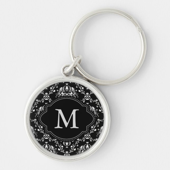 Monogram Black and White Damask Rund Silverfärgad Nyckelring (Framsidan)